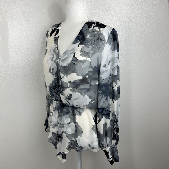 Vince Camuto Blouse Women Extra Small Cream Grey Floral Peplum Long Sleeve - Picture 2 of 14